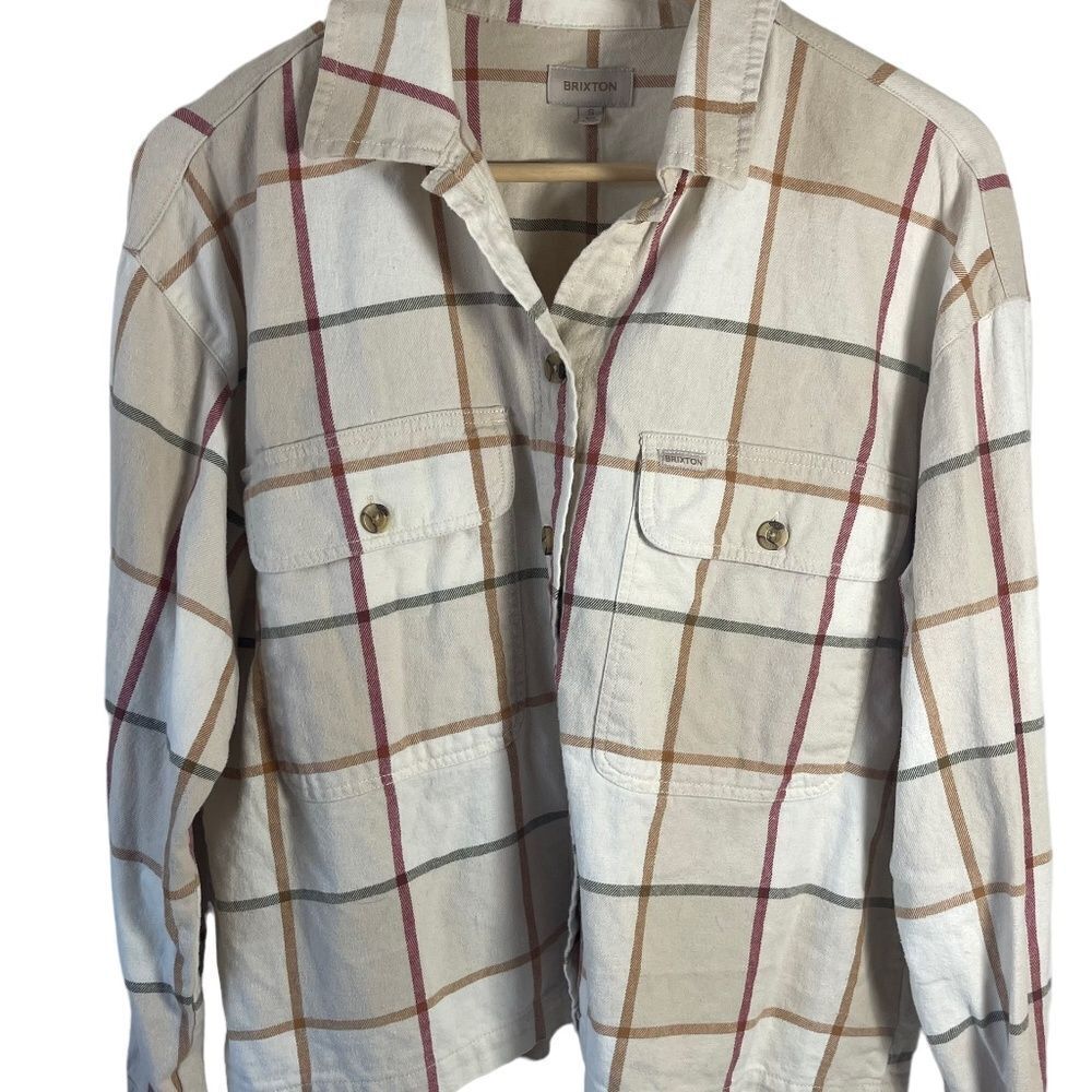 Brixton Bowery Cream/Tan Block Plaid Straight Hem Long Sleeve Flannel Sh…